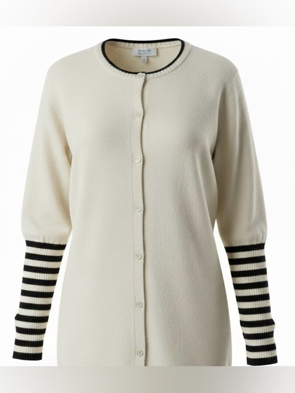 Escada Sport Cotton Cashmere blend Cardigan Sweater Cream Navy striped sleeves L